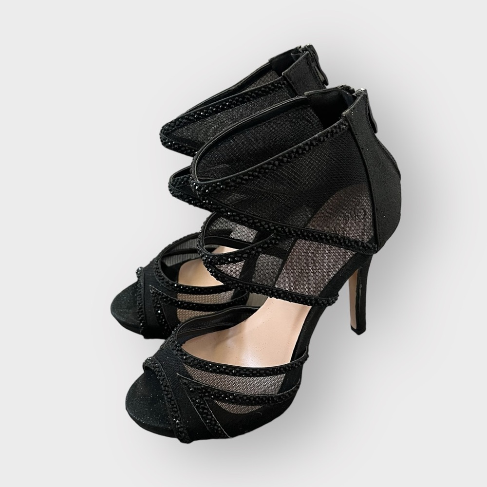De Blossom Collection Black Rhinestone Mesh Stiletto Heels